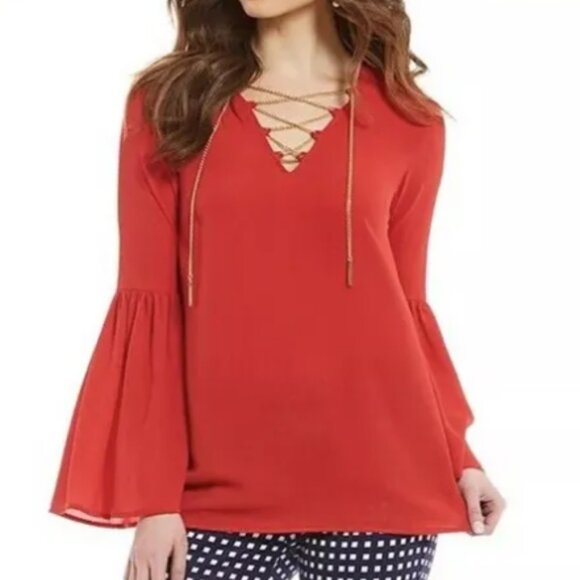 MICHAEL KORS RED BLOUSE BELL SLEEVES SMALL - Picture 1 of 7